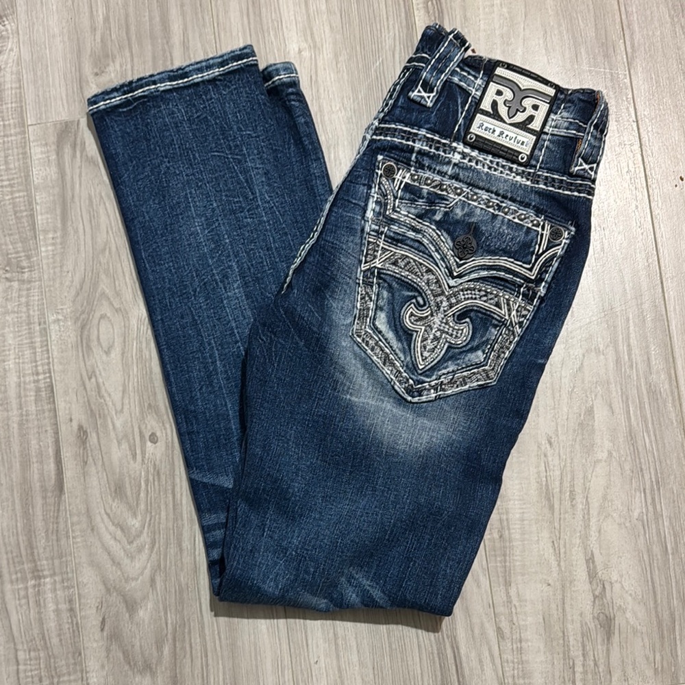 Rock Revival Blue Boot Cut Jeans with Signature Stitching